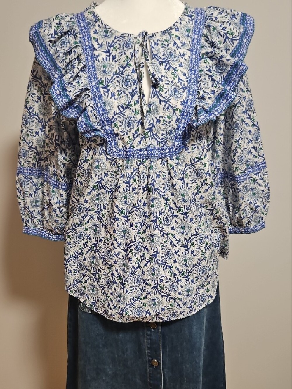 LOFT White Blouse with Blue and Green Floral Print